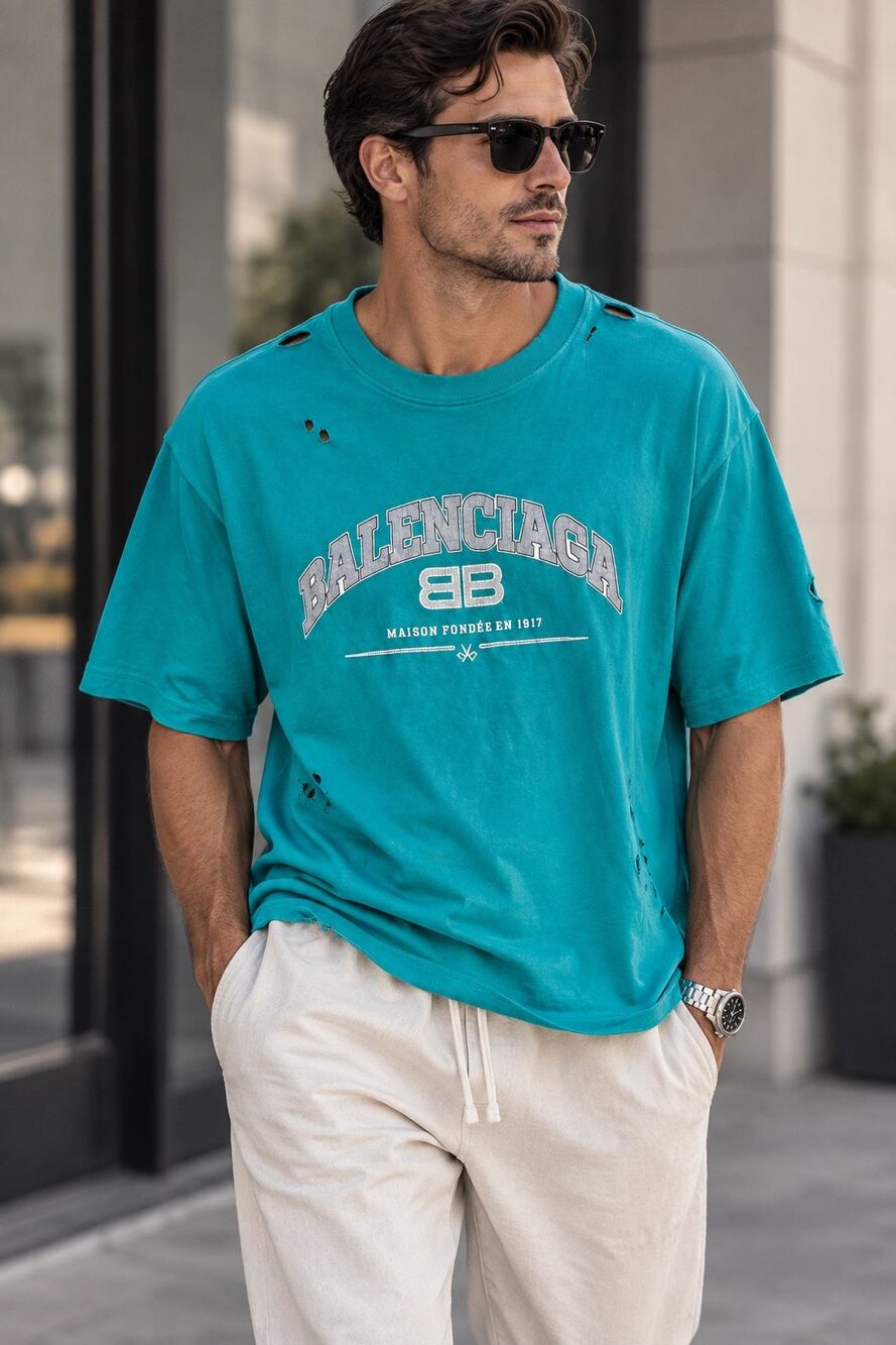 Balenciaga Maison Fondée en 1917 Distressed Crew Neck T-Shirt Turquoise Mens M